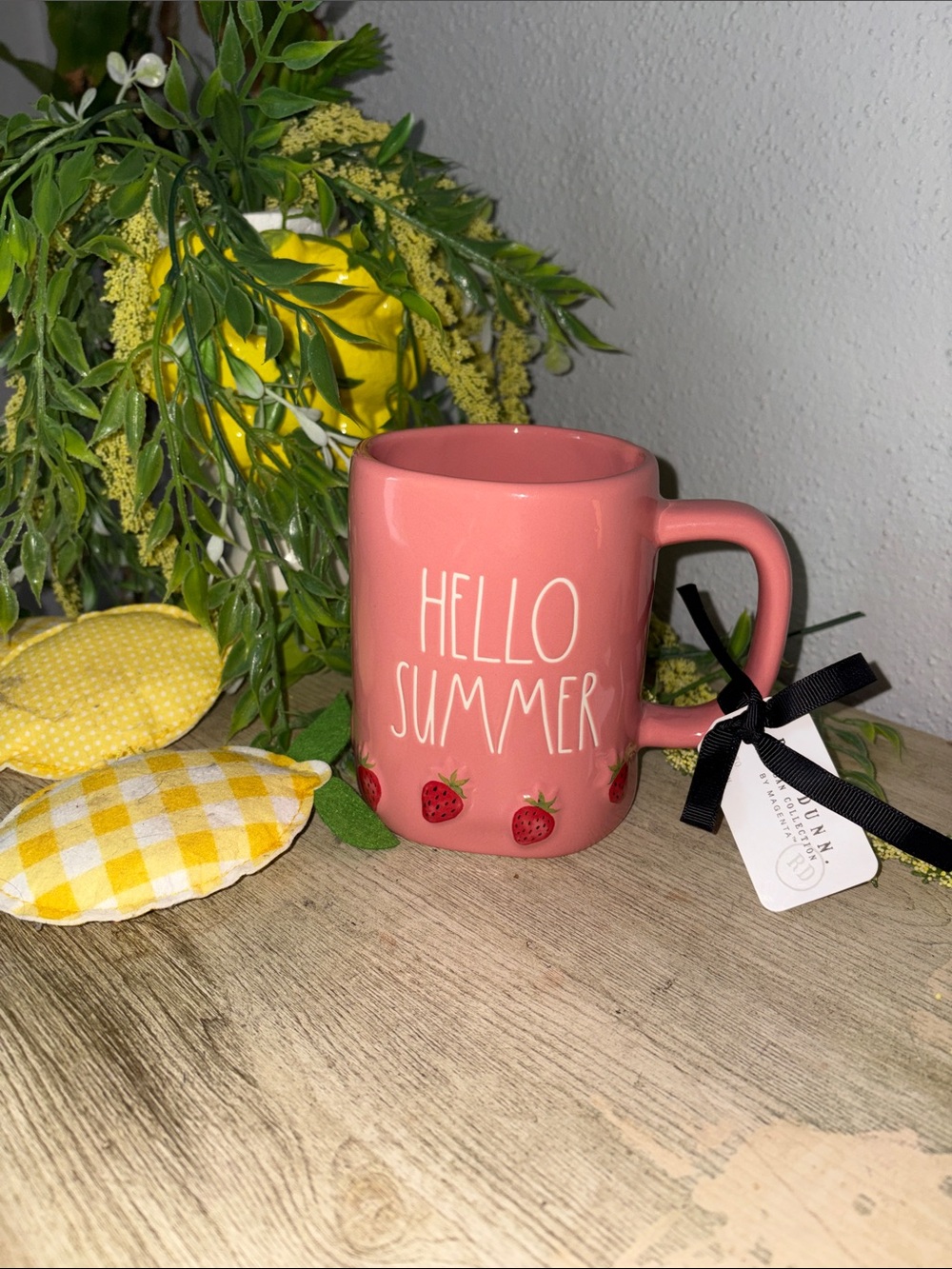 Rae Dunn Hello Summer Pink Strawberry Ceramic Mug